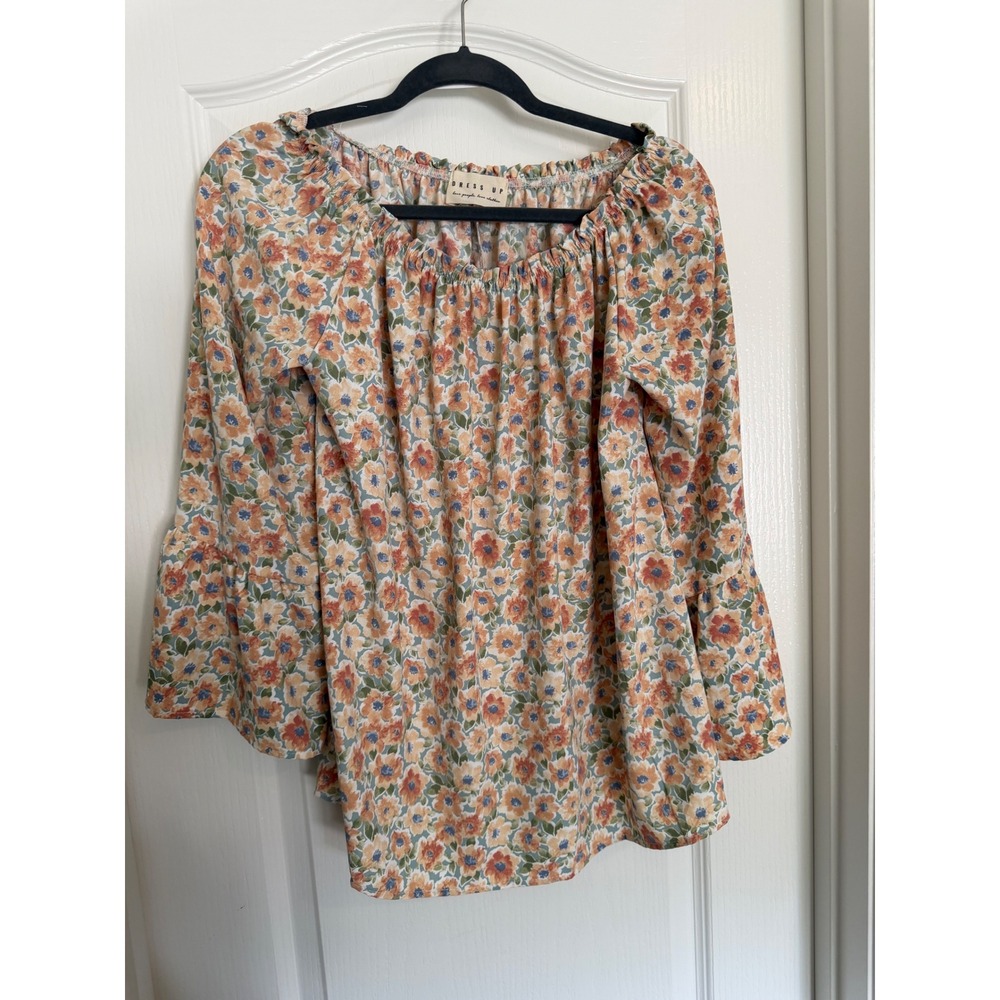Dress Up Orange Floral Blouse Womens Bell Sleeve Ruffle Woven EXC S